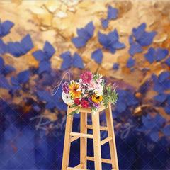 Aperturee - Aperturee Blue Gold Floral Fine Art Backdrop Oil Painting Style Flower Gold Texture Background Elegant Photography Prop