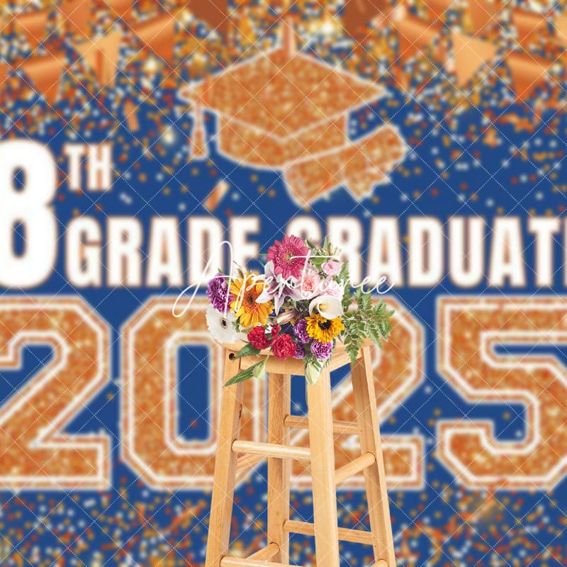 Aperturee - Aperturee Blue Gold Glitter 8th Grade Graduate 2025 Backdrop