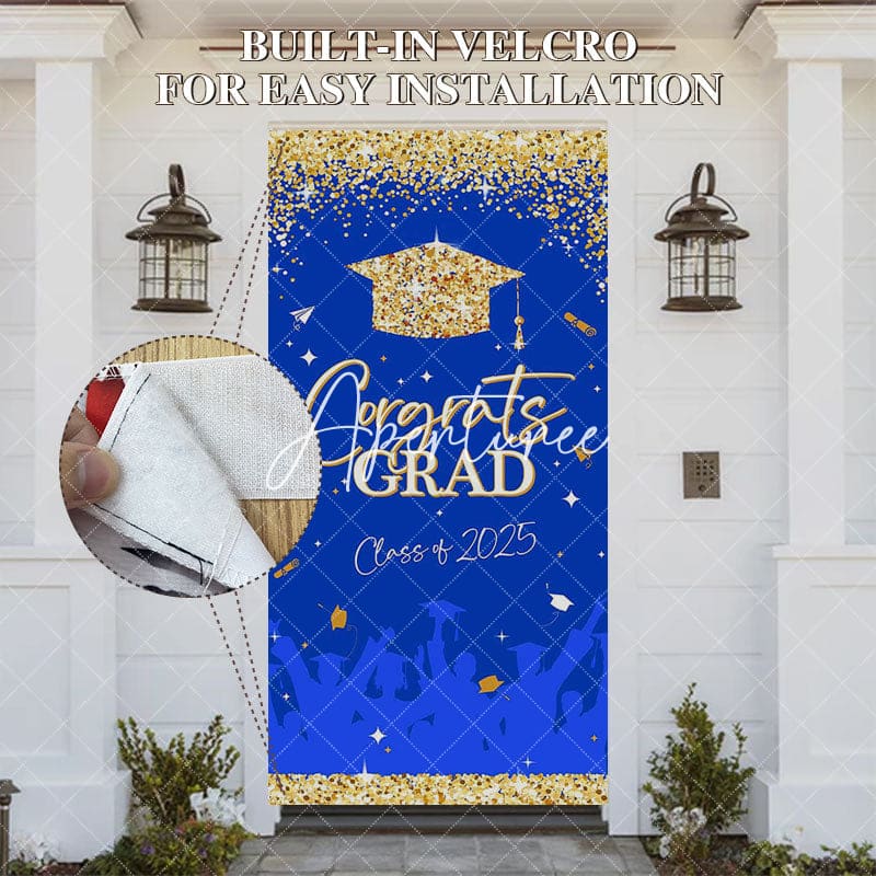 Aperturee - Aperturee Blue Gold Glitter Class 2025 Congrats Grad Door Cover