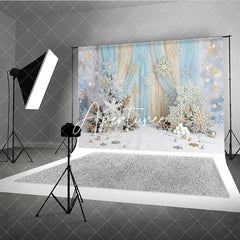 Aperturee - Aperturee Blue Gold Glitter Snowflake Winter Photography Backdrop Elegant Wonderland Holiday Celebration Party Decor