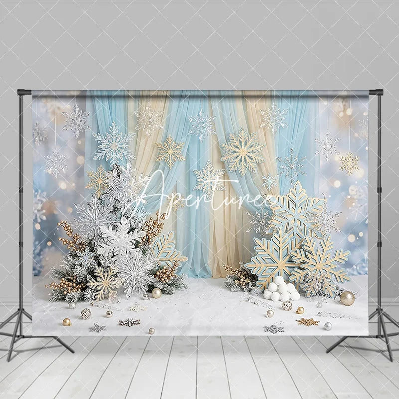 Aperturee - Aperturee Blue Gold Glitter Snowflake Winter Photography Backdrop Elegant Wonderland Holiday Celebration Party Decor