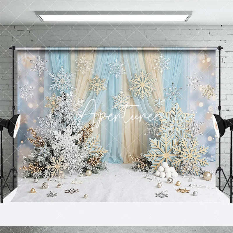 Aperturee - Aperturee Blue Gold Glitter Snowflake Winter Photography Backdrop Elegant Wonderland Holiday Celebration Party Decor