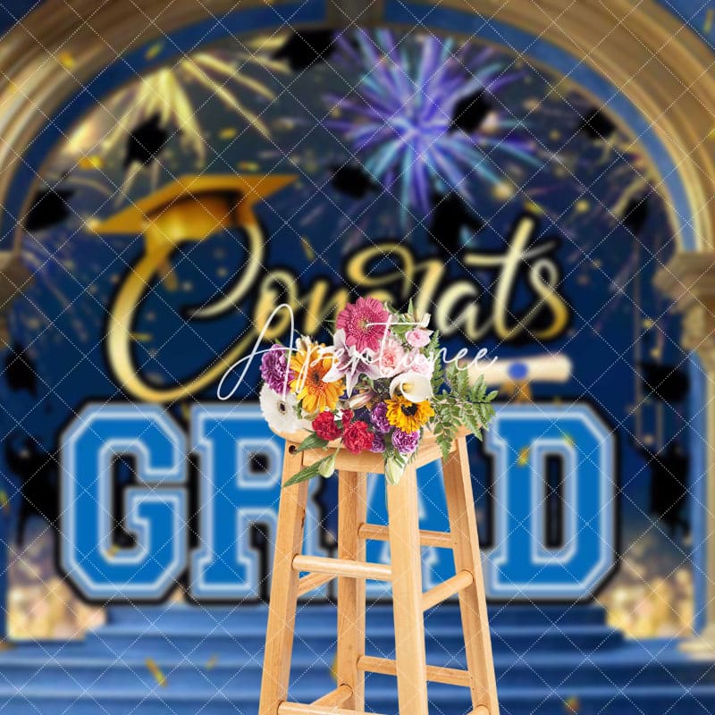 Aperturee - Aperturee Blue Gold Palace Arch Sparkle Congrats Grad Backdrop
