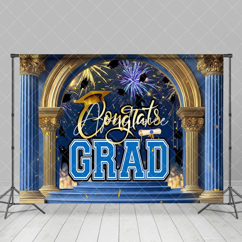 Aperturee - Aperturee Blue Gold Palace Arch Sparkle Congrats Grad Backdrop