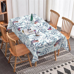 Aperturee - Aperturee Blue Green Leaves and Charming Birds Rectangle Tablecloth with Scalloped Edge Elegant Botanical Dining Room Decor