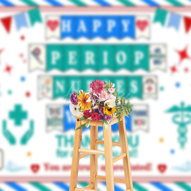 Aperturee - Aperturee Blue Green Stripe Happy Periop Nurse Week Backdrop