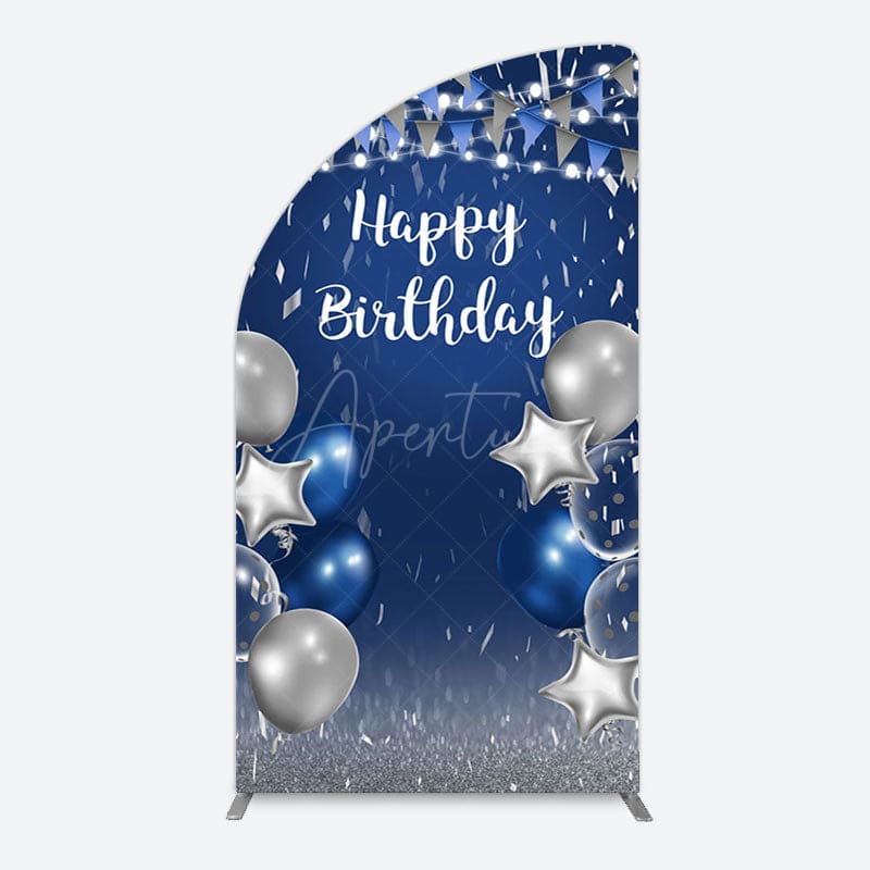 Aperturee - Aperturee Blue Grey Balloon Flags Happy Birthday Half Moon Arch Backdrop