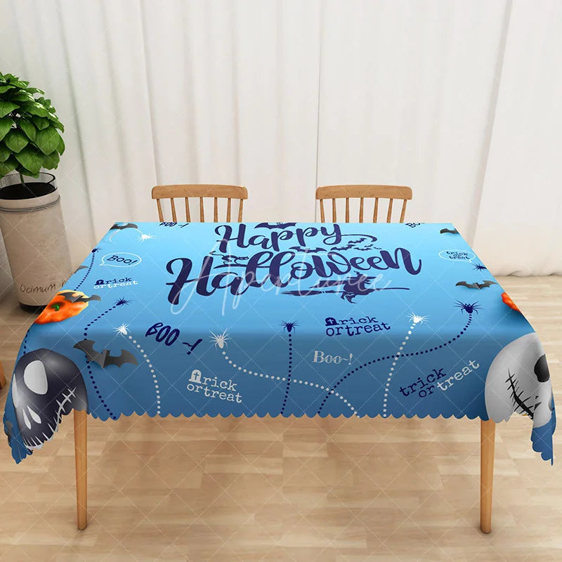 Aperturee - Aperturee Blue Halloween Rectangle Tablecloth with Pumpkin Bat and Ghost for Unique and Spooky Kids Party Decor