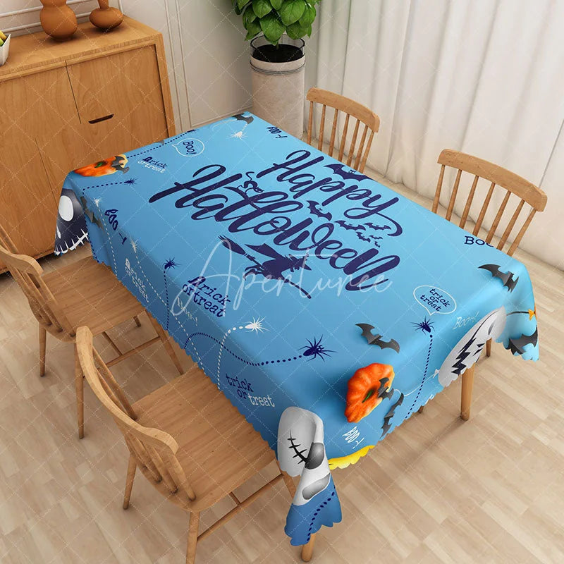 Aperturee - Aperturee Blue Halloween Rectangle Tablecloth with Pumpkin Bat and Ghost for Unique and Spooky Kids Party Decor