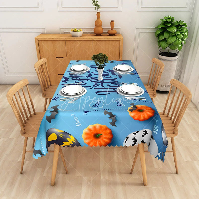 Aperturee - Aperturee Blue Halloween Rectangle Tablecloth with Pumpkin Bat and Ghost for Unique and Spooky Kids Party Decor