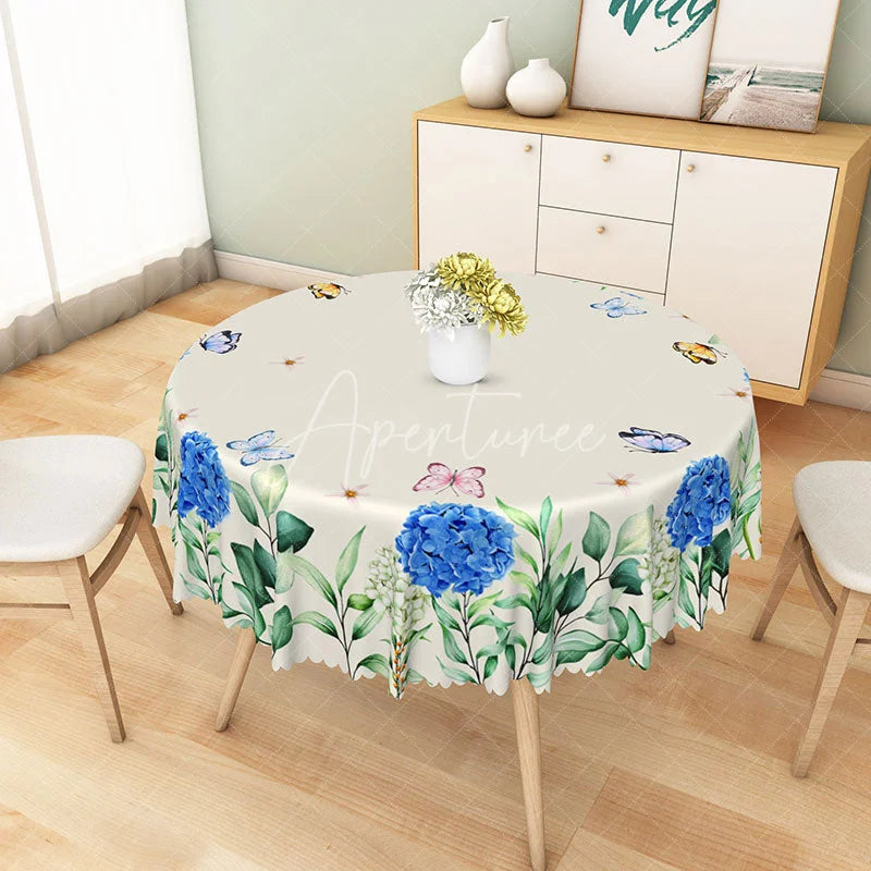 Aperturee - Aperturee Blue Hydrangea Floral and Butterflies Round Tablecloth Romantic Garden Party Dining Decor