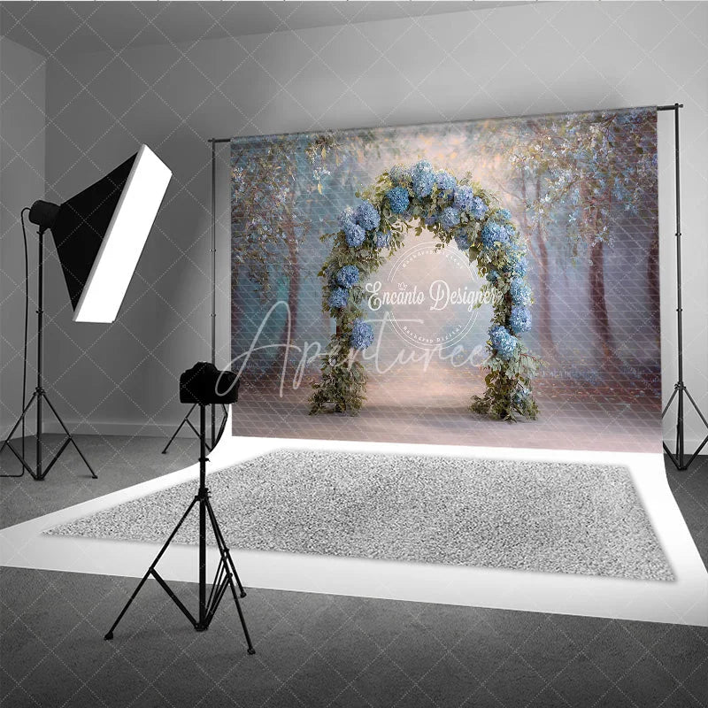 Aperturee - Aperturee Blue Hydrangea Floral Arch Backdrop Whimsical Forest Wedding Enchanted Garden Bridal Shower Photo Prop