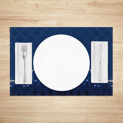 Aperturee - Aperturee Blue Islamic Mosque Set of 4 Placemats Geometric Lattice and Crescent Moon Ramadan Eid Mubarak Table Mats