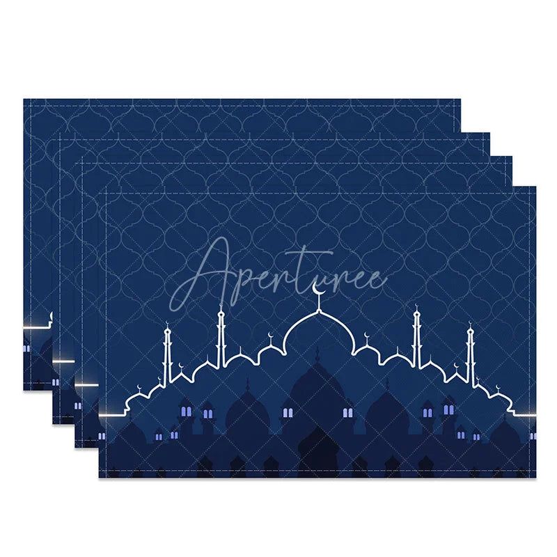 Aperturee - Aperturee Blue Islamic Mosque Set of 4 Placemats Geometric Lattice and Crescent Moon Ramadan Eid Mubarak Table Mats