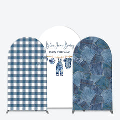 Aperturee - Aperturee Blue Jean Baby Gingham Check and Denim Patchwork Arch Backdrop Kit Rustic Baby Shower Celebration Decor