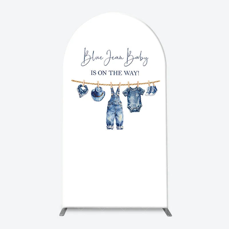 Aperturee - Aperturee Blue Jean Baby Gingham Check and Denim Patchwork Arch Backdrop Kit Rustic Baby Shower Celebration Decor