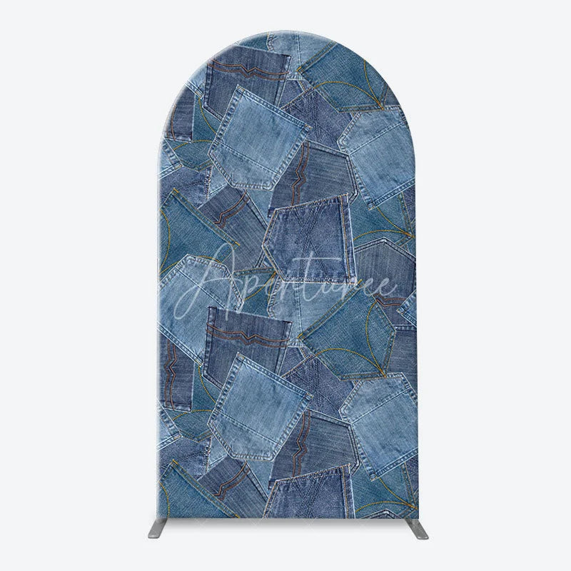 Aperturee - Aperturee Blue Jean Baby Gingham Check and Denim Patchwork Arch Backdrop Kit Rustic Baby Shower Celebration Decor