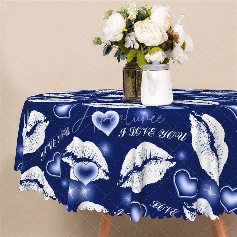 Aperturee - Aperturee Blue Lip I Love You Round Tablecloth Romantic Kiss Mark Table Cover for Valentine Party