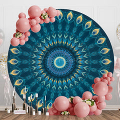 Aperturee - Aperturee Blue Mandala Floral Pattern Round Birthday Backdrop