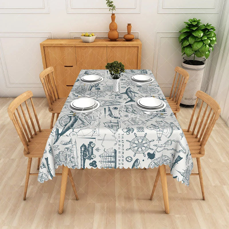 Aperturee - Aperturee Blue Marine Sketch Rectangle Tablecloth Ocean Anchor Steering Wheel Table Cover Summer Beach Party Decor
