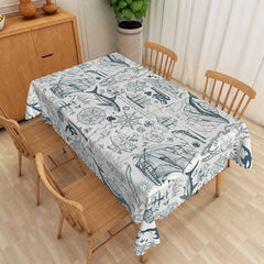Aperturee - Aperturee Blue Marine Sketch Rectangle Tablecloth Ocean Anchor Steering Wheel Table Cover Summer Beach Party Decor