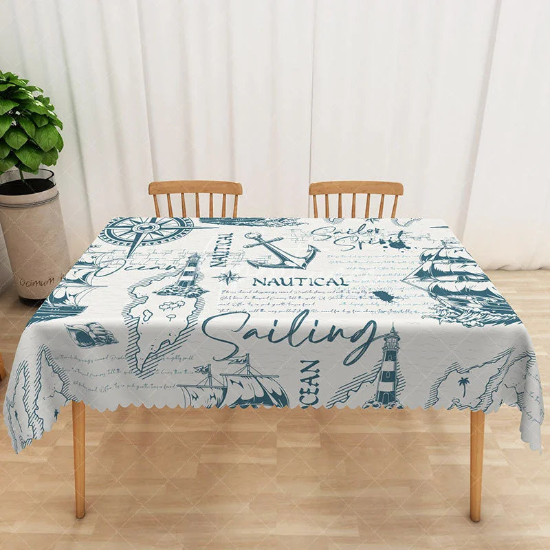 Aperturee - Aperturee Blue Nautical Ship Rectangle Tablecloth Ocean Sailboat Compass Table Cover Coastal Beach House Decor