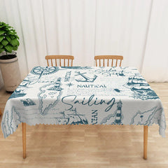 Aperturee - Aperturee Blue Nautical Ship Rectangle Tablecloth Ocean Sailboat Compass Table Cover Coastal Beach House Decor