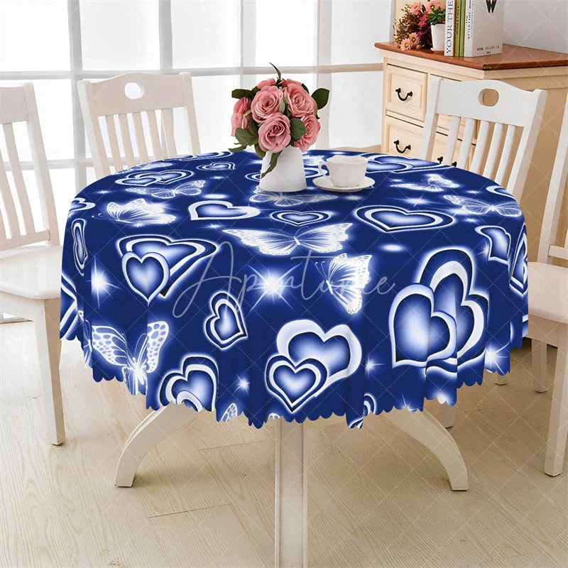 Aperturee - Aperturee Blue Neon Heart Butterfly Round Tablecloth Cool Glowing Love Table Cover for Wedding