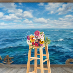 Aperturee - Aperturee Blue Ocean and Sky Photography Backdrop Vintage Nautical Wooden Frame for Sea Adventure Theme