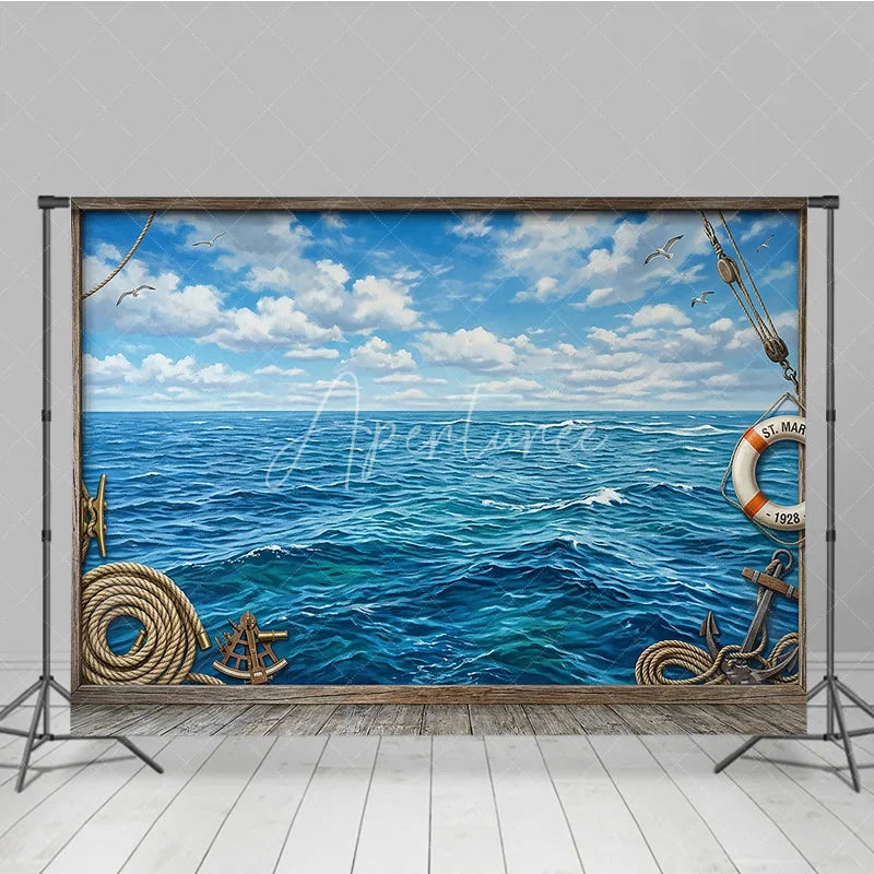 Aperturee - Aperturee Blue Ocean and Sky Photography Backdrop Vintage Nautical Wooden Frame for Sea Adventure Theme