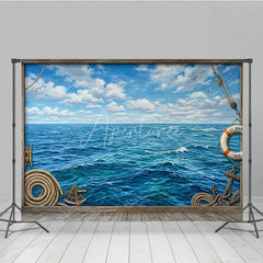 Aperturee - Aperturee Blue Ocean and Sky Photography Backdrop Vintage Nautical Wooden Frame for Sea Adventure Theme