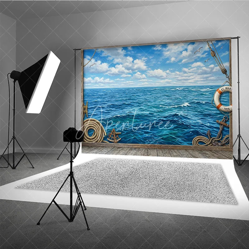 Aperturee - Aperturee Blue Ocean and Sky Photography Backdrop Vintage Nautical Wooden Frame for Sea Adventure Theme
