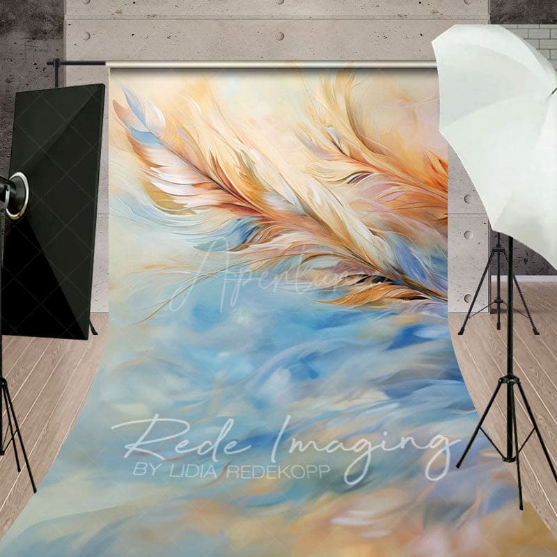 Aperturee - Aperturee Blue Orange Warm Tone Feathers Fine Art Sweep Backdrop
