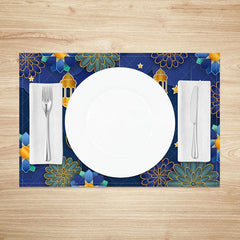Aperturee - Aperturee Blue Paper Cut Floral Ramadan Set of 4 Placemats 3D Style Golden Lantern and Stars Eid Mubarak Table Mats