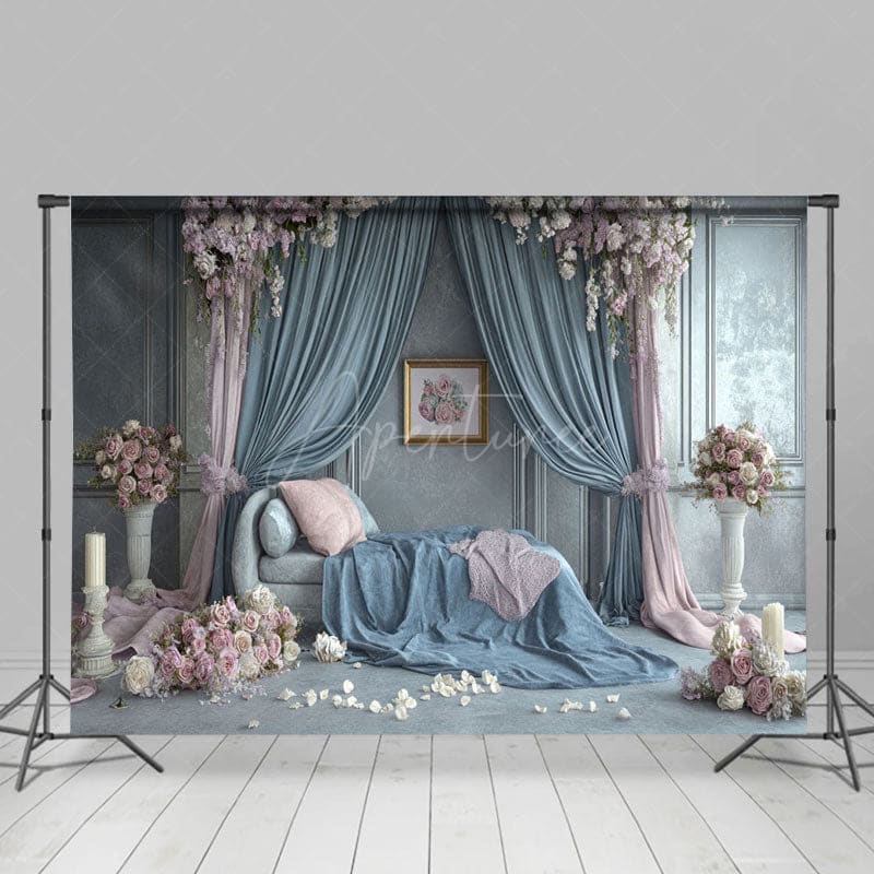 Aperturee - Aperturee Blue Pink Curtain Sofa Floral Wedding Photo Backdrop