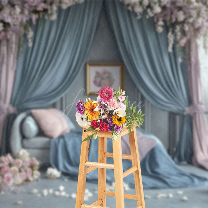 Aperturee - Aperturee Blue Pink Curtain Sofa Floral Wedding Photo Backdrop
