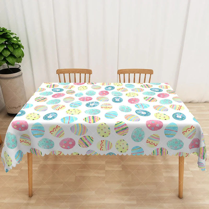 Aperturee - Aperturee Blue Pink Patterned Egg Rectangle Tablecloth Colorful Stripe Dot Easter Table Cover Spring Kitchen Dining Decor
