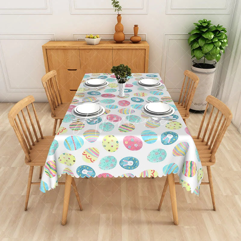 Aperturee - Aperturee Blue Pink Patterned Egg Rectangle Tablecloth Colorful Stripe Dot Easter Table Cover Spring Kitchen Dining Decor