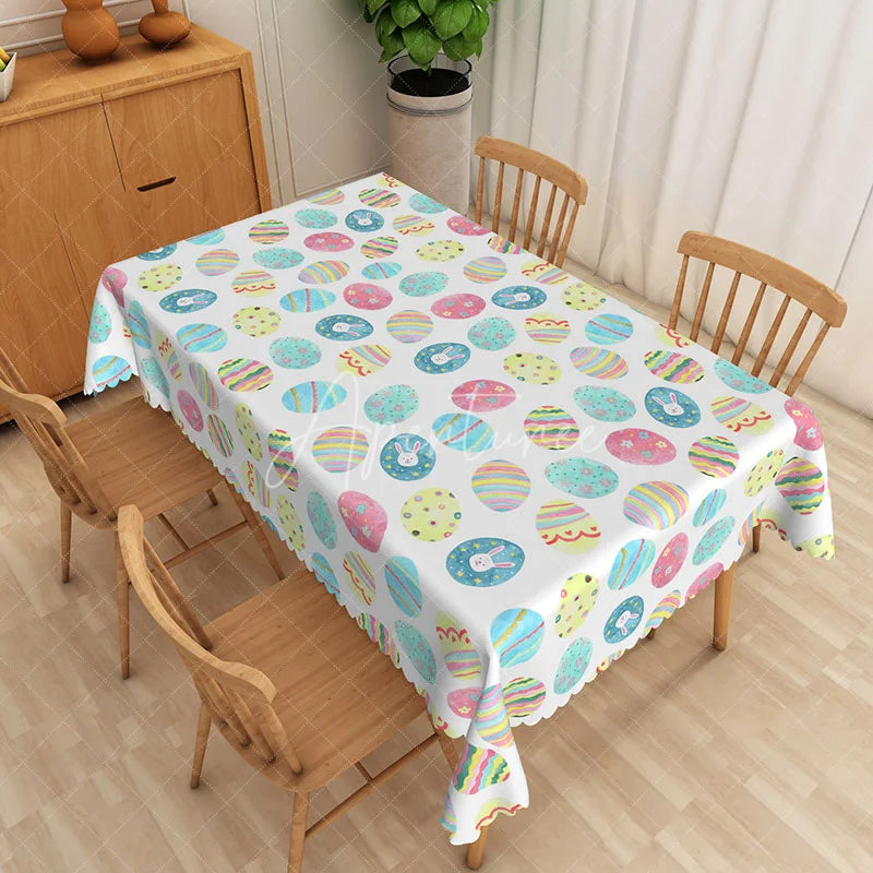 Aperturee - Aperturee Blue Pink Patterned Egg Rectangle Tablecloth Colorful Stripe Dot Easter Table Cover Spring Kitchen Dining Decor