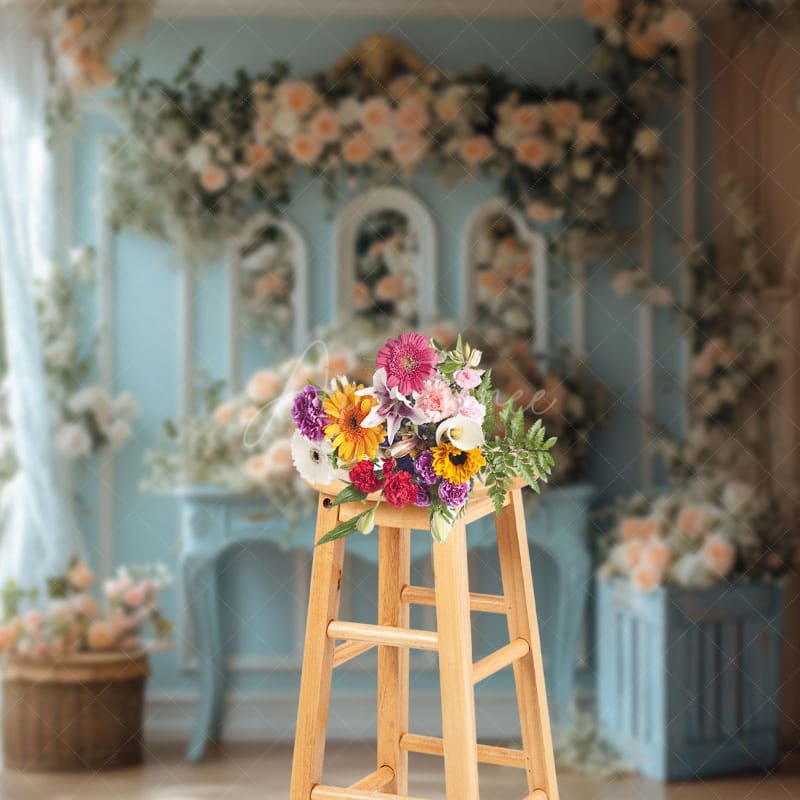 Aperturee - Aperturee Blue Pink Romantic Floral Fancy Room Wedding Backdrop