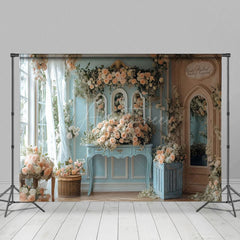 Aperturee - Aperturee Blue Pink Romantic Floral Fancy Room Wedding Backdrop