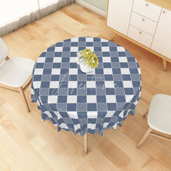 Aperturee - Aperturee Blue Plaid Japanese Wave Pattern Round Tablecloth Oriental Style Table Cover for Dining Room Decor