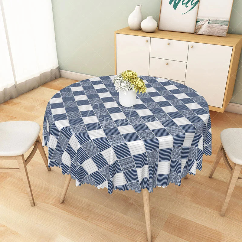 Aperturee - Aperturee Blue Plaid Japanese Wave Pattern Round Tablecloth Oriental Style Table Cover for Dining Room Decor