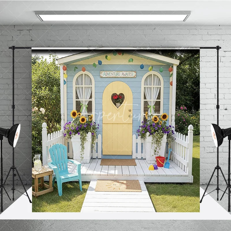 Aperturee - Aperturee Blue Playhouse Photography Backdrop with Yellow Heart Door Sunflowers and Adventure Awaits Sign for Kids Party