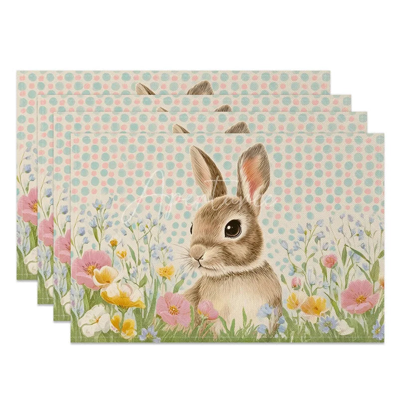 Aperturee - Aperturee Blue Polka Dot Easter Bunny Set of 4 Placemats Spring Wildflower Rabbit Table Mats for Party