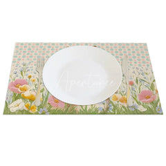 Aperturee - Aperturee Blue Polka Dot Easter Bunny Set of 4 Placemats Spring Wildflower Rabbit Table Mats for Party
