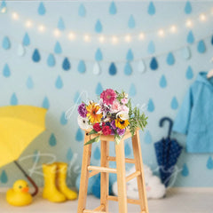 Aperturee - Aperturee Blue Raindrop and Raincoat Photo Backdrop April Showers Baby Shower Photography Background