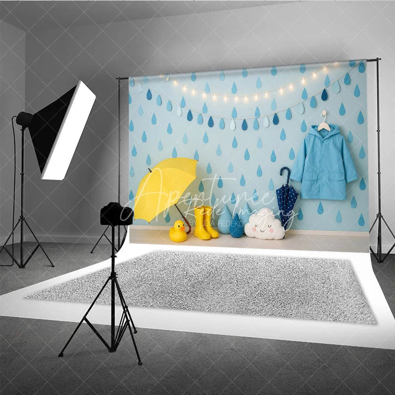 Aperturee - Aperturee Blue Raindrop and Raincoat Photo Backdrop April Showers Baby Shower Photography Background