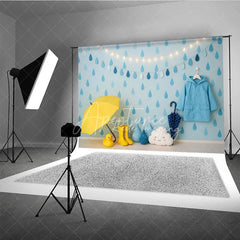 Aperturee - Aperturee Blue Raindrop and Raincoat Photo Backdrop April Showers Baby Shower Photography Background