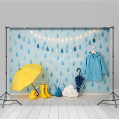 Aperturee - Aperturee Blue Raindrop and Raincoat Photo Backdrop April Showers Baby Shower Photography Background